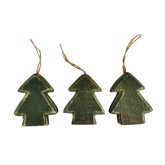 Set Of 3 Rustic Farmhouse Green Wooden Christmas Tree Ornaments W/Twine Hangers - Picture 1 of 6